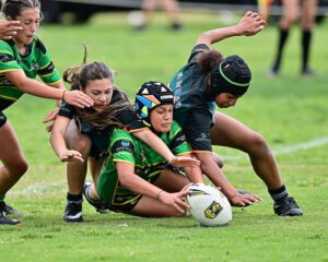 Four NRL women all trying to go for the ball